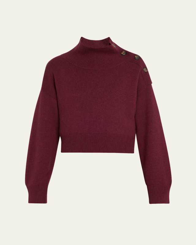 Turtleneck Button-Shoulder Cashmere Crop Sweat